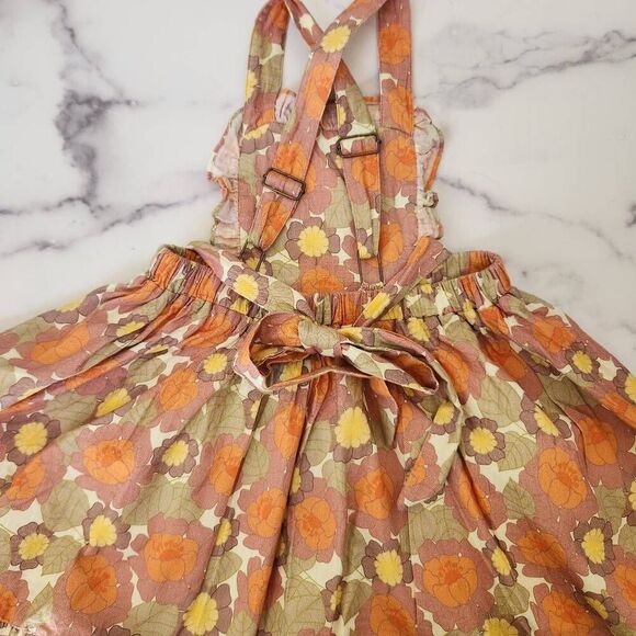 Lacey lane 5t orange 70s floral apron bib overall dress cottage ruffle retro Cot - Picture 5 of 6